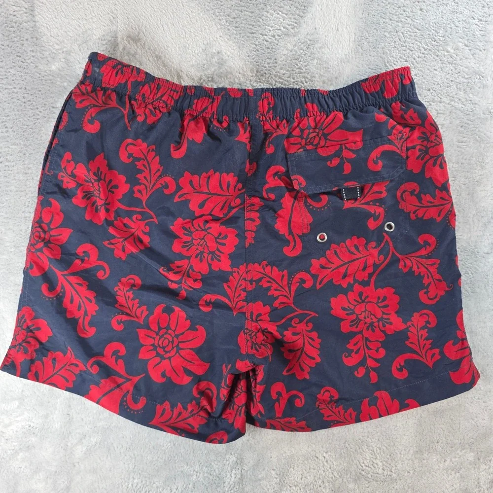 Lands' End Mens Large Blue Red Floral‎ Swim Trunks Board Shorts Mesh Lined